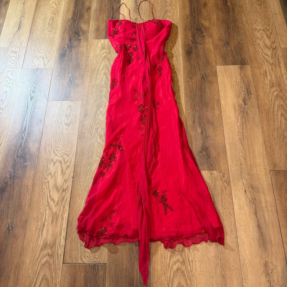 Vintage Y2K 100% Silk Beaded Dress Vintage Beaded Dress Red Fairy Prom Silk Gown - Picture 5 of 16